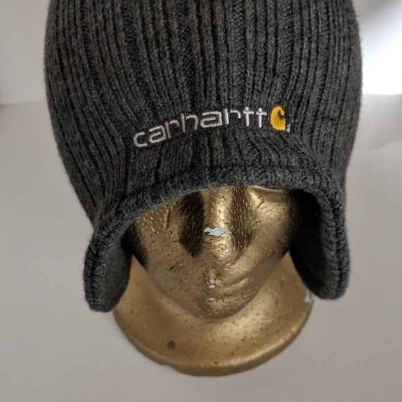 Carhartt Beanie Winter Cap Ear Flaps Hat Gray Knit - Picture 2 of 8